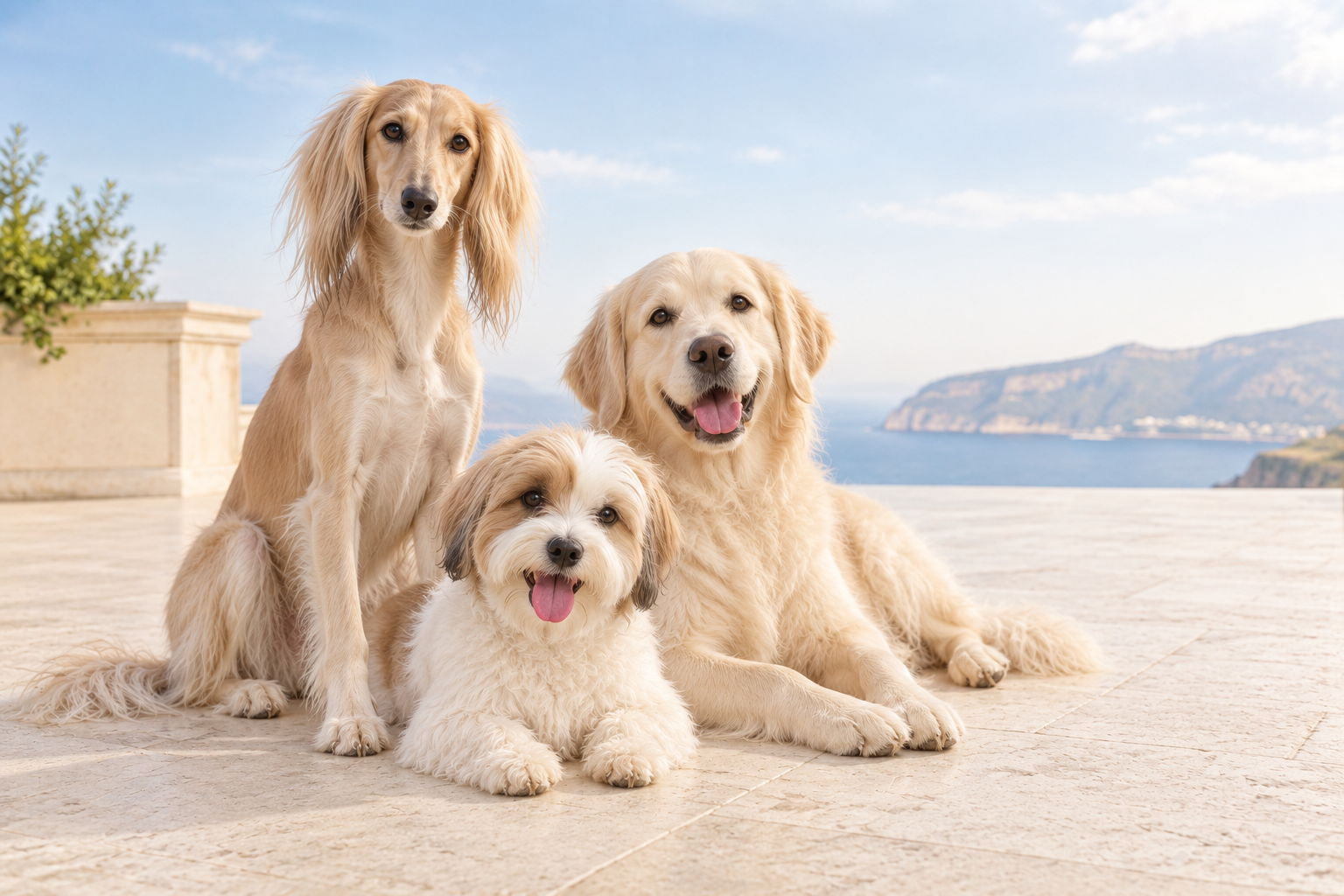 Three beloved hounds together on a sunlit coastal terrace