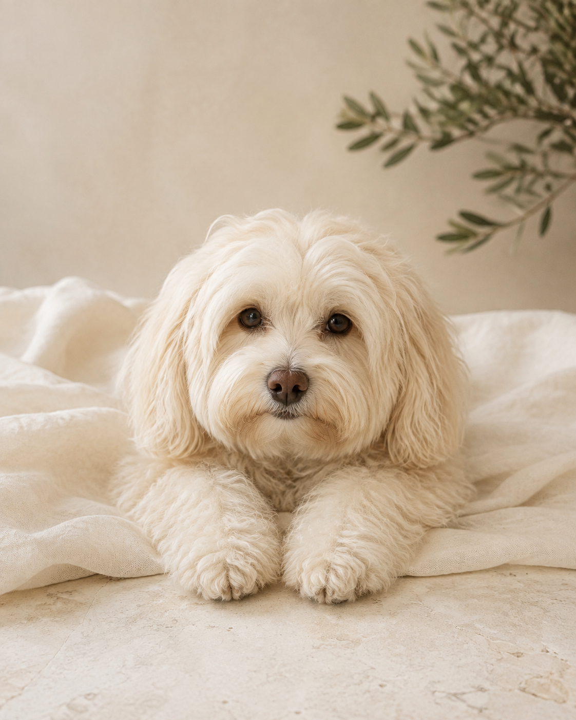 A soft-coated hound resting in a serene botanical setting